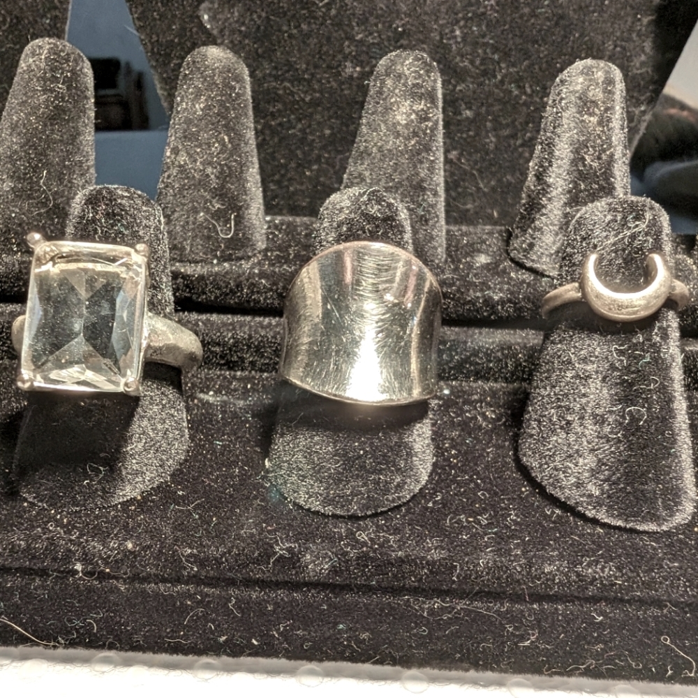 Costume ring lot 3 silvertone statement rings CZ cushion solitaire crescent moon